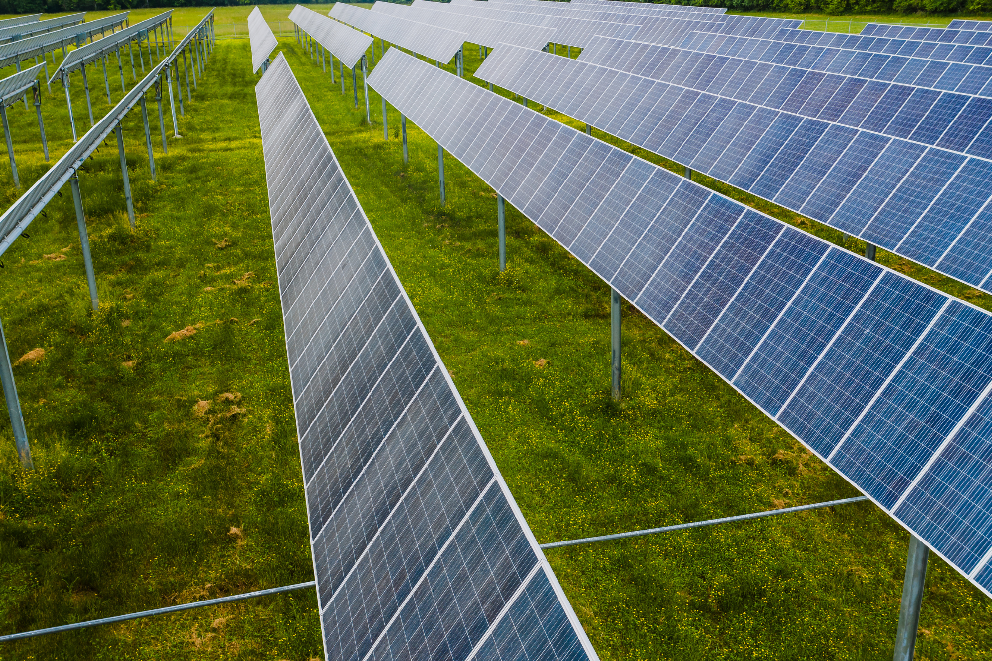 Solar panels on powering a nearby airport, signaling green technology.